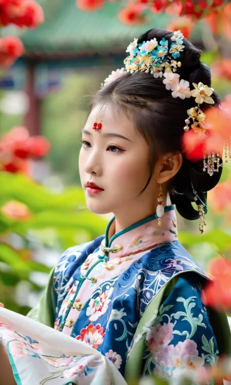 An artistic photograph capturing a young girl dressed in exquisite Qing Dynasty attire, qing clothes, as she explores a vibrant ...