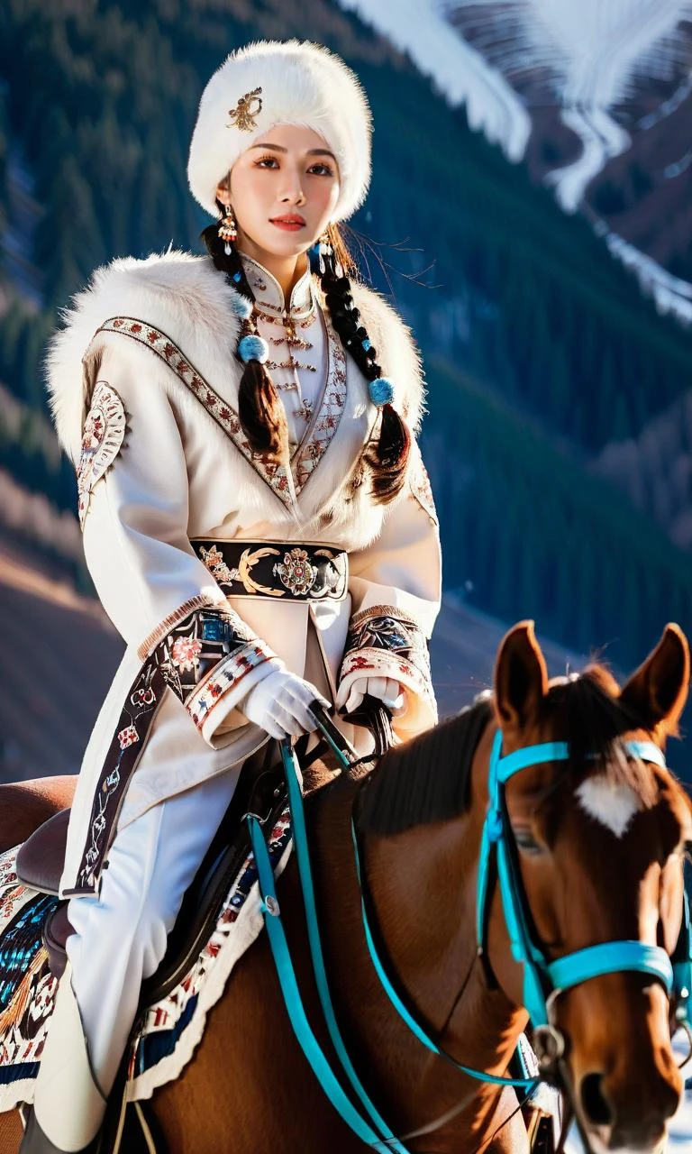 Восточная фантазия,1 девушка,носить одежду зангфу,большая грудь,супер мило,езда на лошади,верховая езда,сильная лошадь,зима,на открытом воздухе,белое пальто,((шедевр)),((Лучшее качество)),8К,высокая детализация,Ультрадетализированный,
