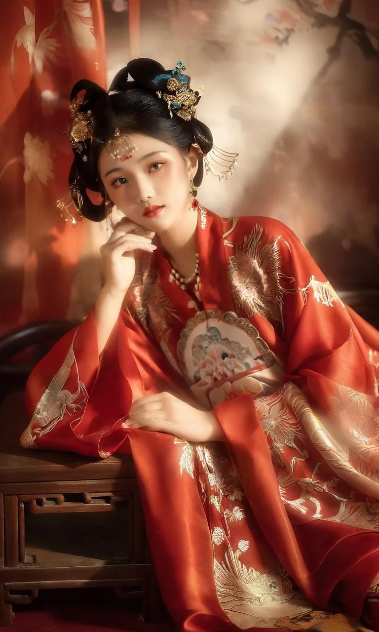 一个穿着精致唐装的女孩的迷人照片, 优雅地躺在中国传统的床上. 一手轻轻托着头，一手拿着一把精致的扇子, 她散发着永恒优雅的气息. 背景装饰着流动的红色半透明窗帘, 鑄造軟, 空靈的光芒. 场景艺术化，创意灯光和烟雾效果, 營造出夢幻般的氛圍. 女孩的表情平静而内省, 彷彿陷入沉思. 这种富有想象力的描绘唤起了一种宁静之美和丰富文化的感觉.