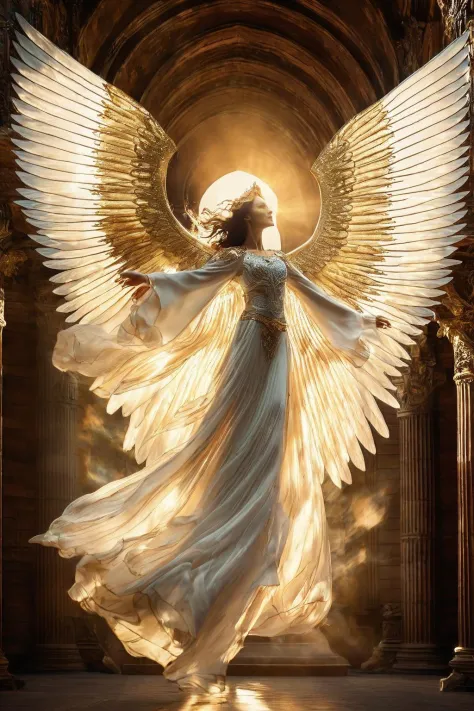 cinematic photo, western fantasy,Captivating six-winged angel in an ethereal realm, Ivory wings with a celestial luminescence, C...
