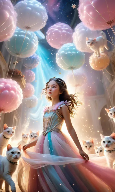In a fantastical realm, a young girl stands amidst a swarm of adorable winged cats. She dons a dazzling princess gown adorned wi...