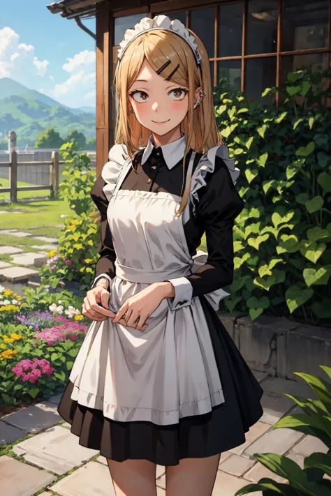 masterpiece,best quality,highres,ultra-detailed,bbsaya,sanpaku,long hair,parted bangs,hairclip,ear piercing,small maid, maid hea...