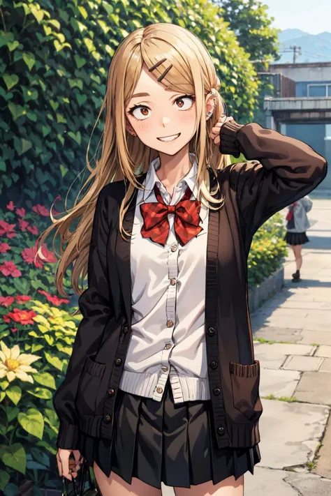 masterpiece,best quality,highres,ultra-detailed,bbsaya,sanpaku,long hair,parted bangs,hairclip,ear piercing,small ,<lora:endou_saya:0.8>,outdoors,cowboy shot,smile, garden, portrait , grin, black skirt, bow, brown cardigan, cardigan, collared shirt, eyebrows visible through hair, hair between eyes, hair over shoulder, long hair, long sleeves, pleated skirt, red bow, red bowtie, school uniform, shirt, skirt, sleeves past wrists, white shirt