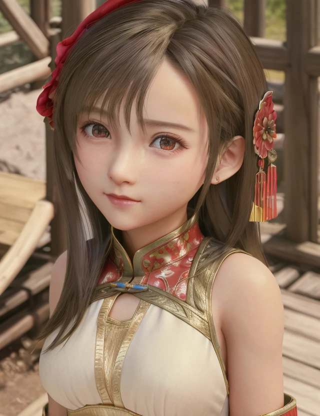 1girl, masterpiece,best quality,official art,extremely,detailed cg 8k wallpaper, full body, beautiful face, female , cute, lovely, young, pure innocent, extremely detailed eyes and face, ((looking at viewer)), outdoors,  light on face, cinematic lighting,  beautiful detailed red eyes, ((chinese clothes)),   light smile,