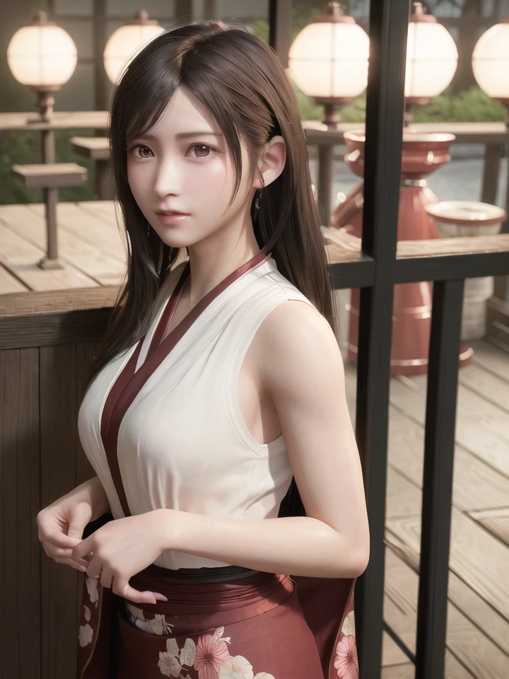 (photorealistic:1.4),best quality,realistic, masterpiece, an extremely delicate and beautiful, CG,extremely detailed ,highres, extremely detailed, 1girl, tifa_lockhart,beautiful detailed girl,full body, realistic,japanese clothes, beautiful detailed red eyes, light on face, cinematic lighting,
 