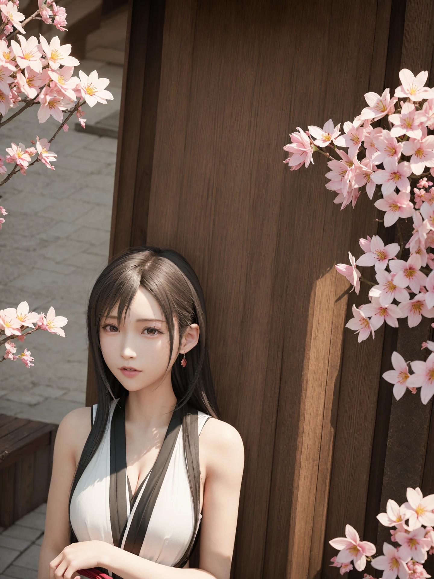 (photorealistic:1.4), best quality, realistic, masterpiece, an extremely delicate and beautiful, CG,extremely detailed ,highres, extremely detailed, 1girl, (adult, solo,) tifa_lockhart,beautiful detailed girl,full body, realistic, japanese clothese, kimono, miko, beautiful detailed red eyes, light on face, cinematic lighting, flower bed in the background, falling sakura blossoms, camera f1.6 lens, 