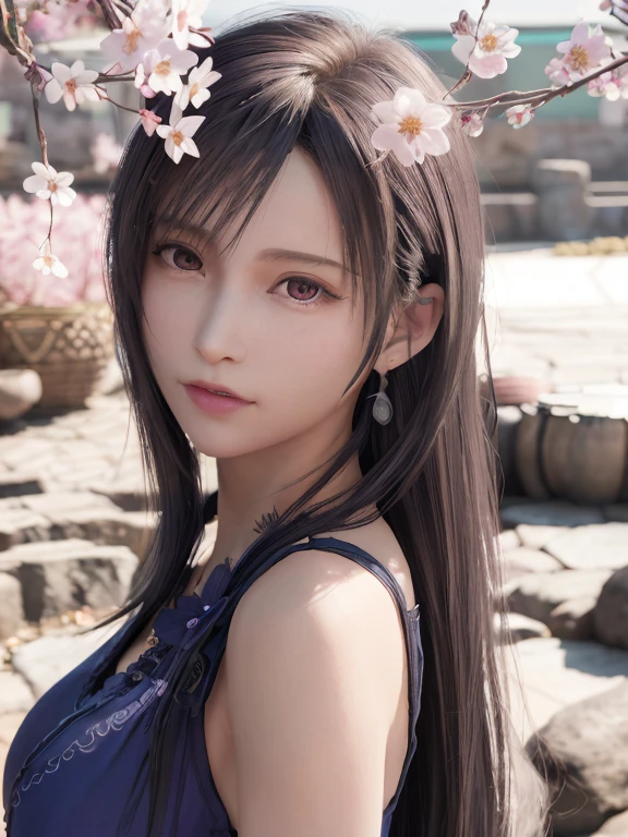 (best quality, masterpiece:1.2), (realistic, photorealistic:1.25), an extremely delicate and beautiful photo, extremely detailed, highres, solo, 1 lady, tifa lockhart, (young beauty, adult,) little shy face, corneo_tifa_dress, beautiful detailed red eyes, beautiful detailed face and skin, (full body:1.1, partially immersed in flower, ) natureal light reflection, professional studio lighting, soft light on the face, camera 50mm f0.8 lens, depth of field, colorful flower bed in the background, falling sakura blossoms, 