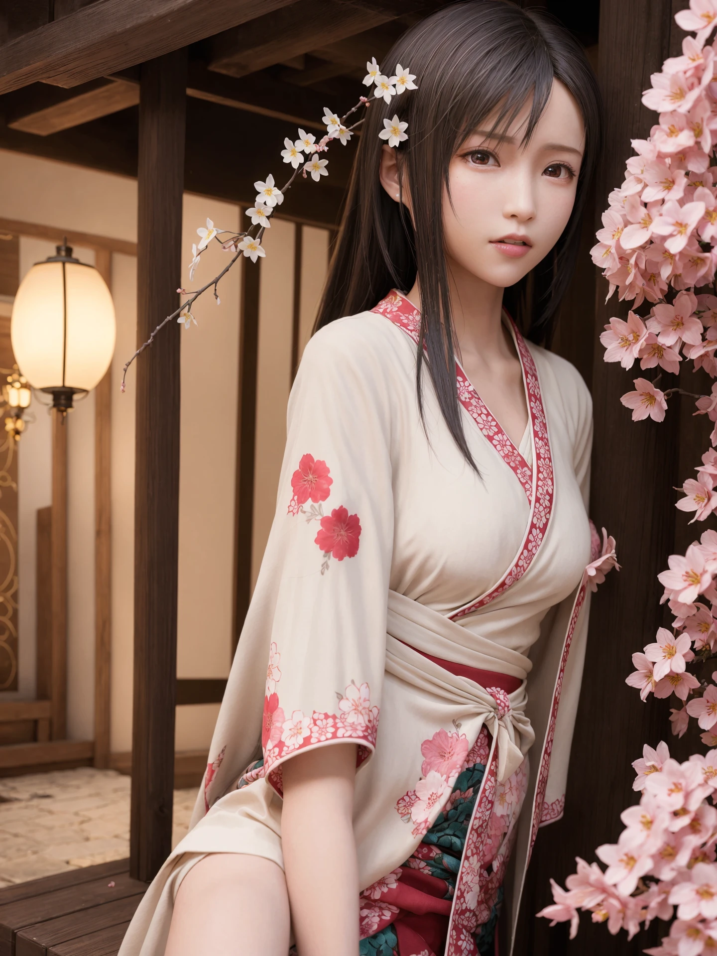 (photorealistic:1.4), best quality, realistic, masterpiece, an extremely delicate and beautiful, CG,extremely detailed ,highres, extremely detailed, 1girl, (adult, solo,) tifa_lockhart,beautiful detailed girl,full body, realistic, japanese clothese, kimono, miko, beautiful detailed red eyes, light on face, cinematic lighting, flower bed in the background, falling sakura blossoms, camera f1.6 lens, 