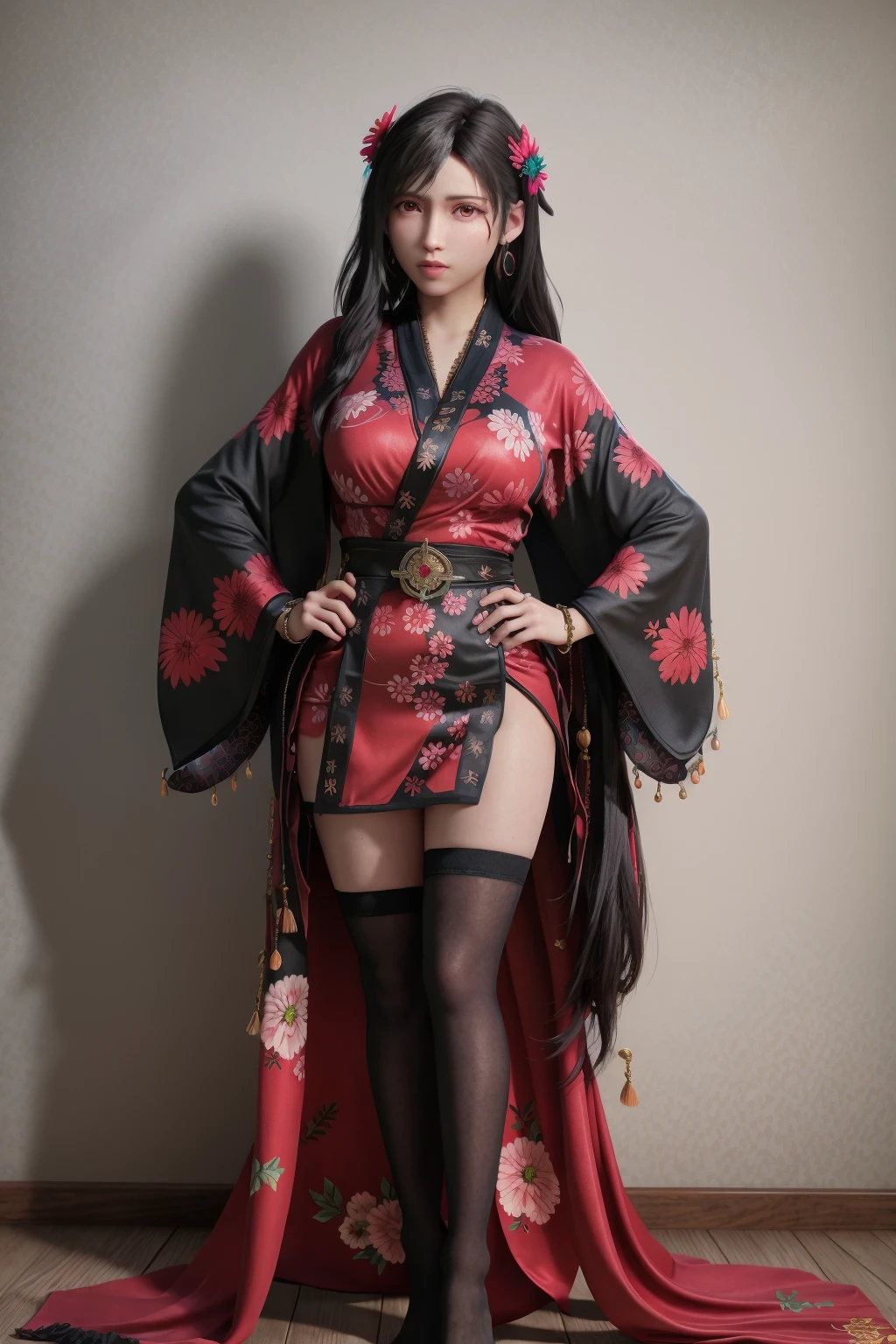 photorealistic,best quality,realistic, masterpiece, an extremely delicate and beautiful, CG,extremely detailed ,highres, extremely detailed,depth of field, whole body,
1girl, tifa_lockhart,beautiful detailed girl, large breasts,realistic, ((kimono)),black_hair, long_hair,red eyes,
Necklace,earrings,jewelry,
shirt with complex pattern, skirt,(Patterned stockings),
model pose,
beautiful detailed red eyes, light on face, SFW, 