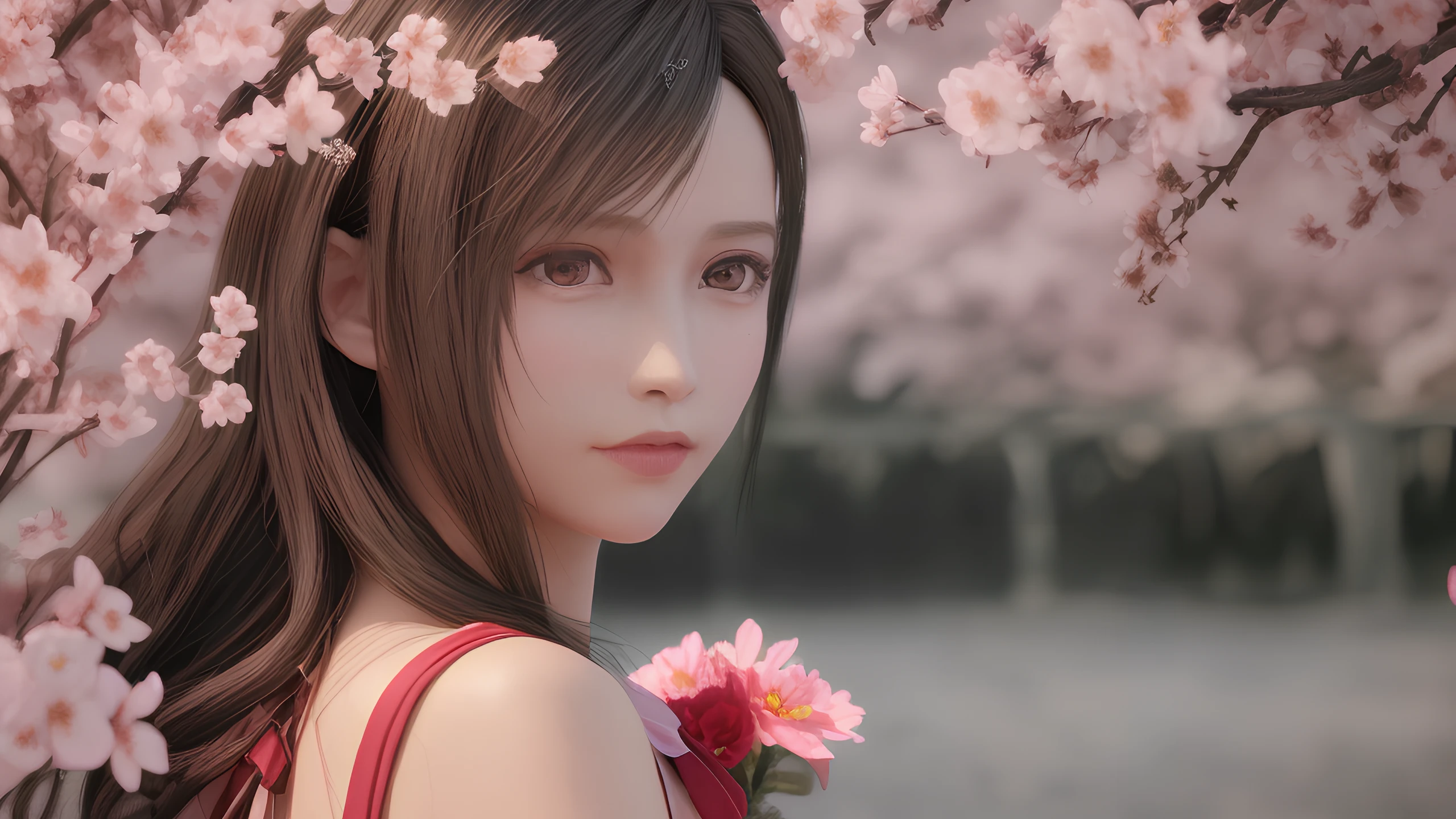 (best quality, masterpiece:1.2), (realistic, photorealistic:1.25), an extremely delicate and beautiful photo, extremely detailed, highres, solo, 1 lady, tifa lockhart, (young beauty, adult,) blush, little cute face, from side, looking back, (beautiful detailed (red:1.1) eyes,) beautiful detailed face and skin, style-bridal, beautiful detailed long wedding dress, (full shot:1.1), (cowboy shot), (full body:1.2, partially immersed in flower, ), natureal light reflection, professional studio lighting, soft light on the face, camera 35mm f0.8 lens, depth of field, lifelike, outside of church, church bell, colorful flower bed in the background, falling sakura blossoms,