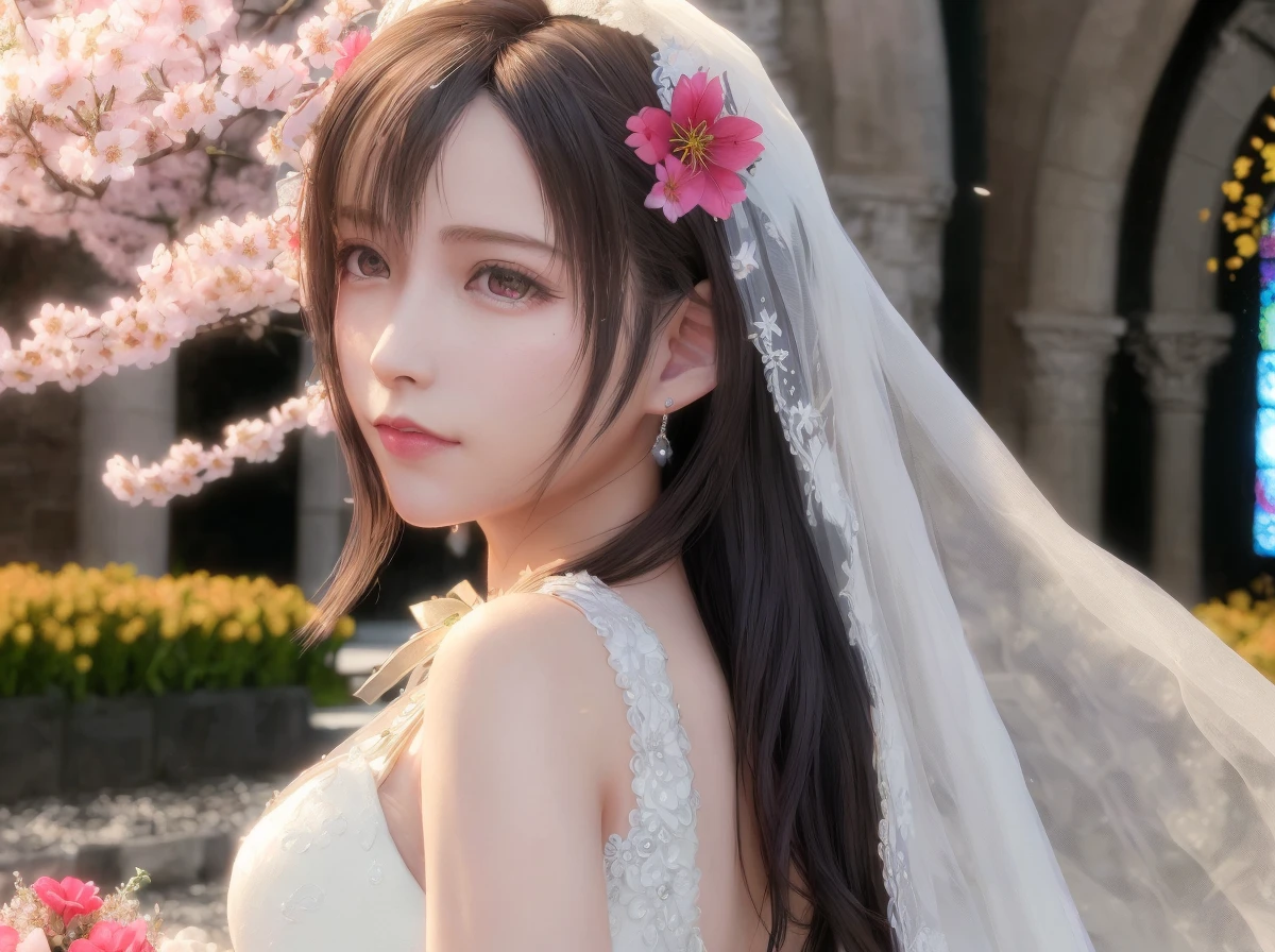 (best quality, masterpiece:1.2), (realistic, photorealistic:1.25), an extremely delicate and beautiful photo, extremely detailed, highres, solo, 1 lady, tifa lockhart, (young beauty, adult,) blush, little cute face, from side, looking back, (beautiful detailed (red:1.1) eyes,),(beautiful detailed (red:1.1) eyes,), beautiful detailed face and skin, style-bridal, (beautiful detailed wedding dress, beautiful detailed white wedding veil, beautiful detailed white bridal gauntlets,), (full shot:1.1), (cowboy shot), (full body:1.2, partially immersed in flower, ), (natureal light reflection, soft light on the face), camera 35mm f0.8 lens, depth of field, lifelike, colorful flower bed in the background,sunlight,falling sakura blossoms,(outside of old church, church bell),floating sakura,