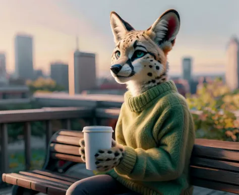 Furry Serval female, 1girl, green sweater, fall season, yellow leaves, sitting on a bench, drinking coffee, paper cup,  windy, c...