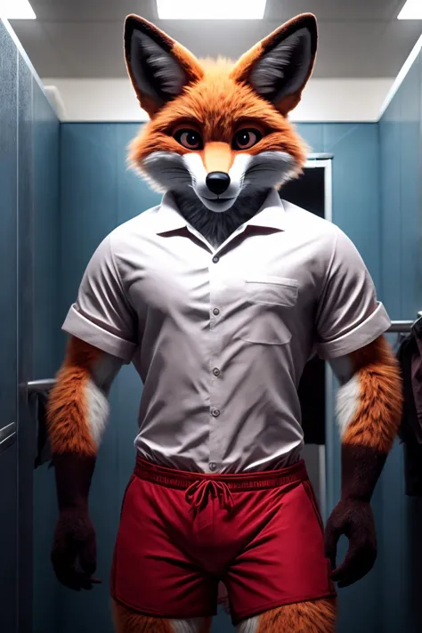 cinematic photo hyperdetailed,anime style,furry,yiff,e621,fox,male,white shirt,red shorts,detailed cute face,detailed eyes,full ...