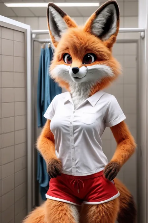 hyperdetailed,anime style,furry,yiff,e621,fox,female,white shirt,red shorts,detailed cute face,detailed eyes,full body pose,stan...