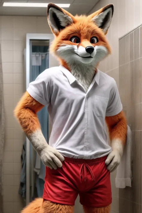 hyperdetailed,anime style,furry,yiff,e621,fox,male,white shirt,red shorts,detailed cute face,detailed eyes,full body pose,standing,in a changing room,masterpiece,cinematic shot,professional photography,raw photo,