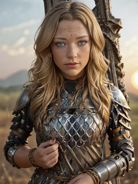 a woman in armor poses for a photo in a field