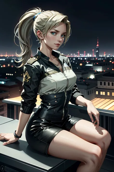 a woman in a short skirt sitting on a ledge with a city in the background