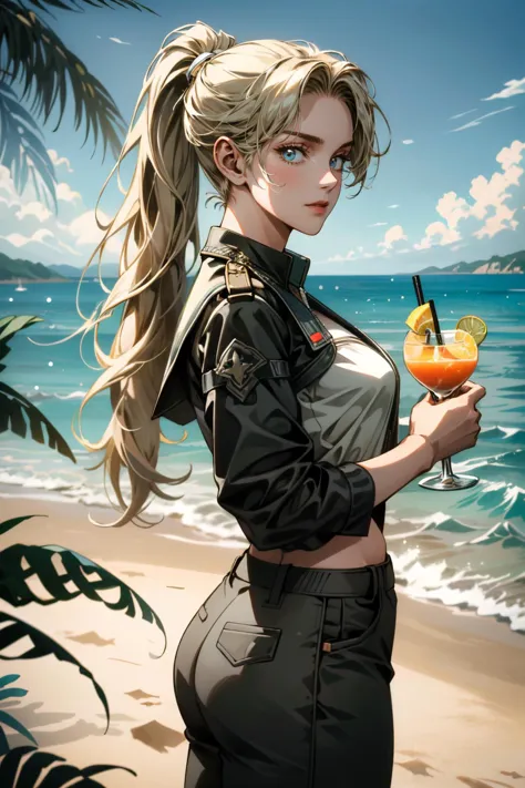 ((ultra détaillé, chef-d&#39;œuvre, absurdes))
 MKSonya, 1fille, queue de cheval, cheveux longs, cheveux blond, regarder le spectateur, À la plage, Organiser un cocktail, palmiers, Océan, sable