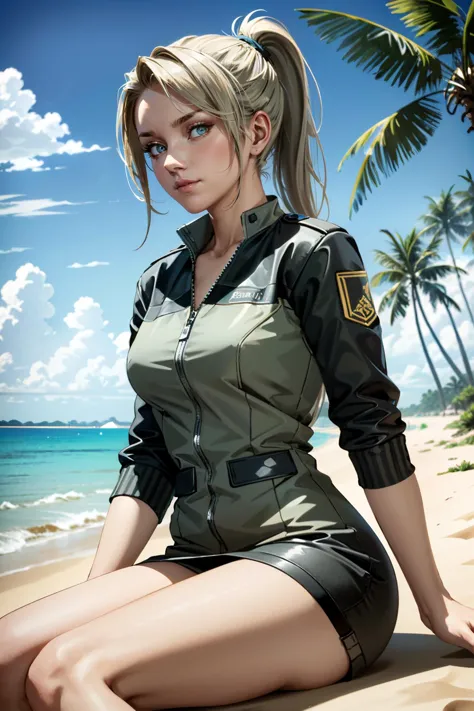 a woman in a military uniform sitting on a beach