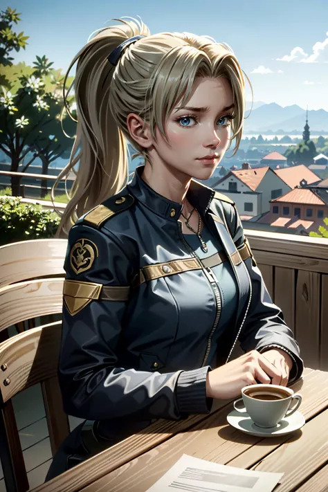 ((ultra detailed, masterpiece, absurdres))
 MKSonya, 1girl, ponytail, long hair, blonde hair, looking at viewer, cafe terrace, morning, peaceful and serene with soft morning sunlight