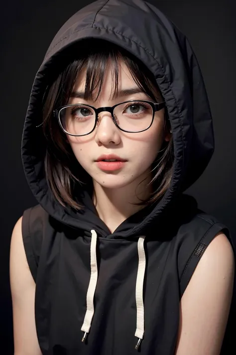 1girl with glasses, portrait of man, upper body, front, chest, looking_at viewer, black_hoodie, hood, simple_background, dark_background,
  <lora:WeeBNK48-02:1>