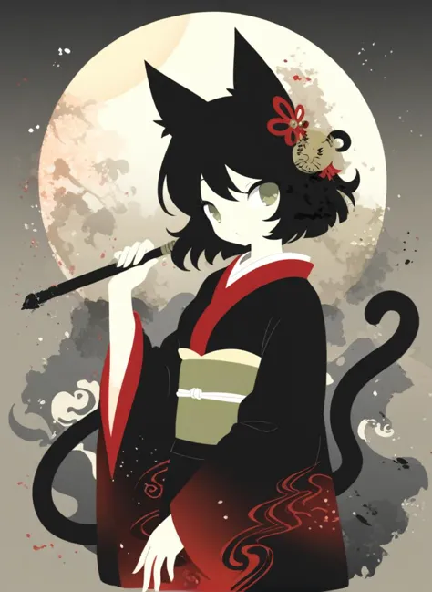 sambanekostyle, masterpiece, best quality, very aesthetic, absurdres,
1girl, cat girl, 21 years old, mature female, ink wash painting, kimono, full moon 
<lora:SambaNekoStyle_animagineV31_v110:1>