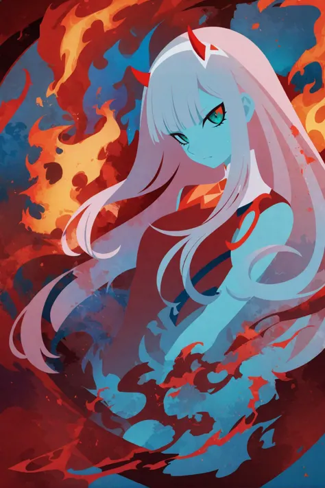 sambanekostyle, masterpiece, best quality, very aesthetic, absurdres, simple background,
zero two \(darling in the franxx\),  18 years old, mature female, (adult:1.4), red little horns, solo, fire, hell,close up,
<lora:SambaNekoStyle:0.8>