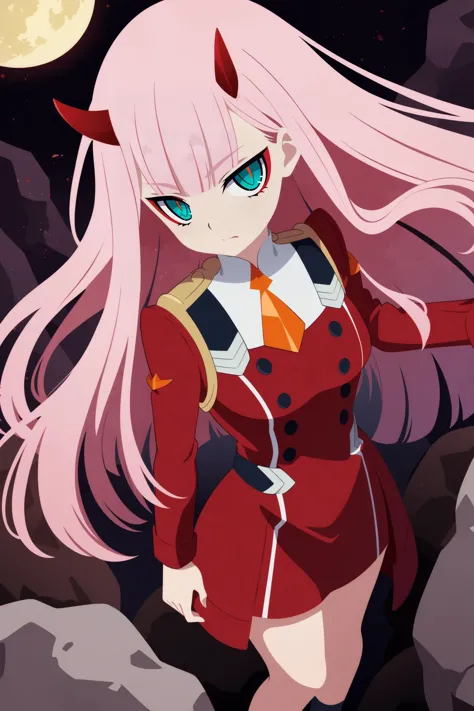 sambanekostyle, masterpiece, best quality, very aesthetic, absurdres, simple background,
zero two \(darling in the franxx\),  18 years old, mature female, (adult:1.4), red little horns, solo, rock, moon,close up, from above, 
<lora:SambaNekoStyle:0.8>