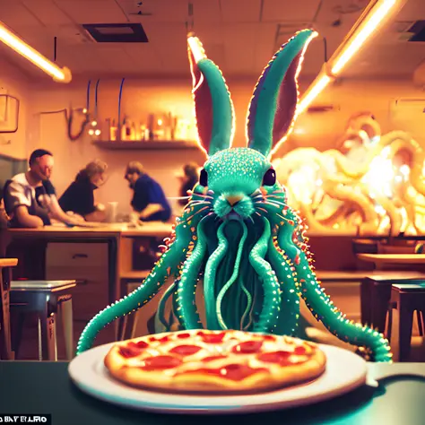 (classicnegative:1) photo of a cute white fluffy (tentaclebeast:1.2) rabbit baking a pizza in a restaurant, fluorescent ceiling ...