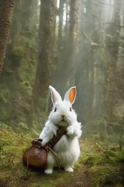 classicnegative portrait photo, fantasy video game character concept art, a cute white fluffy rabbit wearing a small brown leather backpack looking at a map hiking through a forest, dungeons and dragons, fantasy, river, haze, halation, bloom, dramatic atmosphere, 1970s dark fantasy movie, centred, rule of thirds