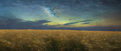 A beautiful painting of a starry night, shining its light across a wheat field sea.by James Gurney, Trending on artstation.van gogh style	 shiny , real high - definition ,shocking,  super wide-angle panorama , super high-definition ,8k lifelike , high pixel , crack , Marc Adamus landscape photography , high-definition , HD