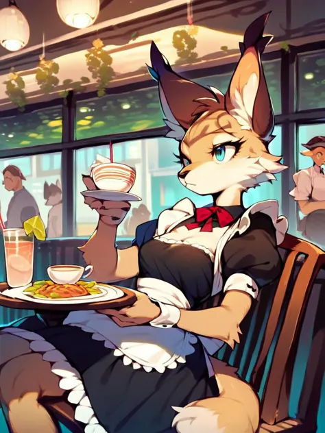 anime - style image of a woman in a restaurant holding a plate of food