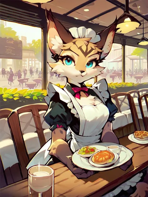 anime cat in a restaurant with a plate of food and a glass of milk