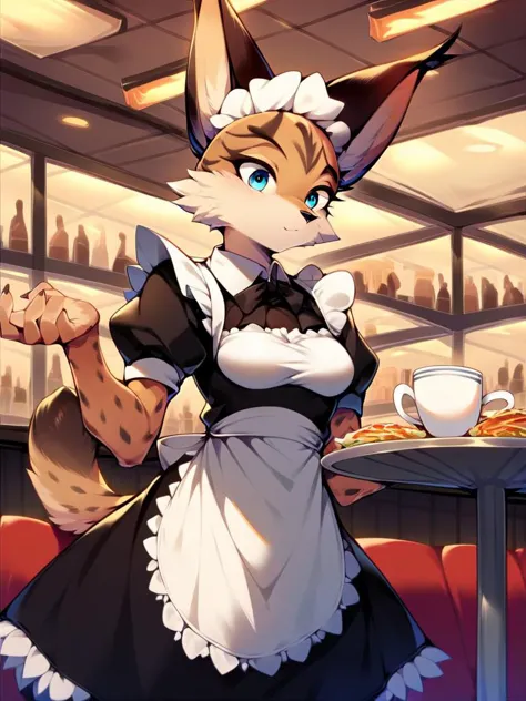 anime character of a cat dressed in a maid outfit holding a cup of coffee