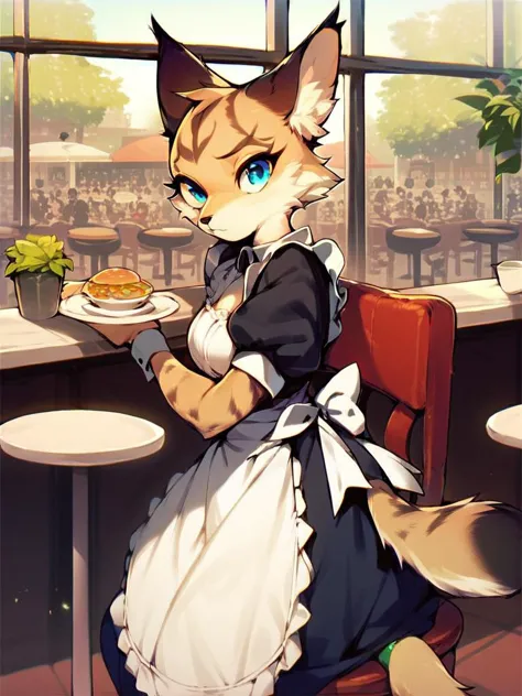 anime cat in a restaurant with a plate of food