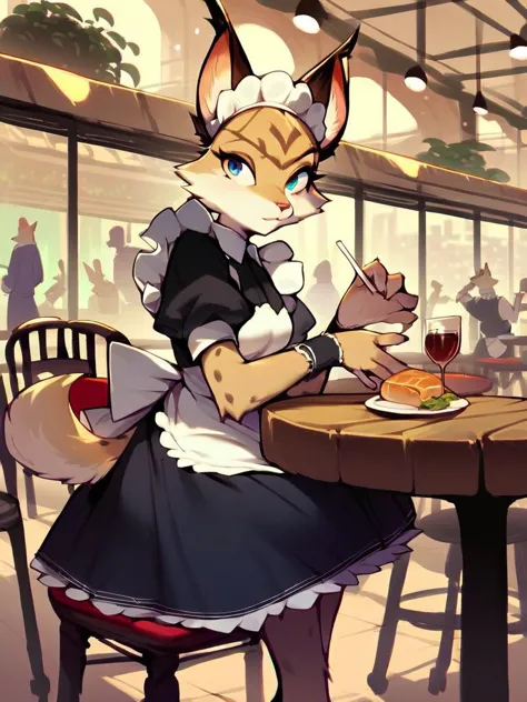 anime character of a cat dressed in a maid outfit eating a meal