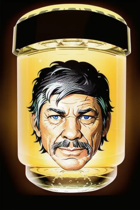 <lora:CharlesBronson> (a severed! vigilante head:1.1) preserved inside of a Mandom_jar without a label