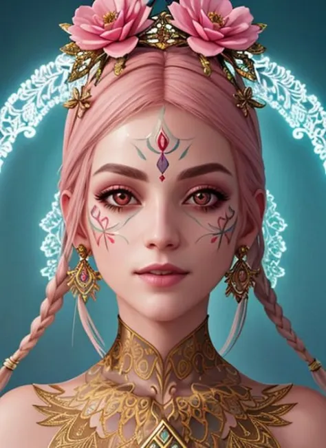 (Symmetrie:1.1) (Porträt von Blumen:1.05) eine Frau als schöne Göttin (lächelnd:0.7), (Assassins Creed-Stil:0.8), Farbschema aus Pink, Gold und Opal, beautiful kompliziert filegrid facepaint,
kompliziert, elegant, sehr detailliert, glatt, scharfer Fokus, octane render, (8k:1.2)