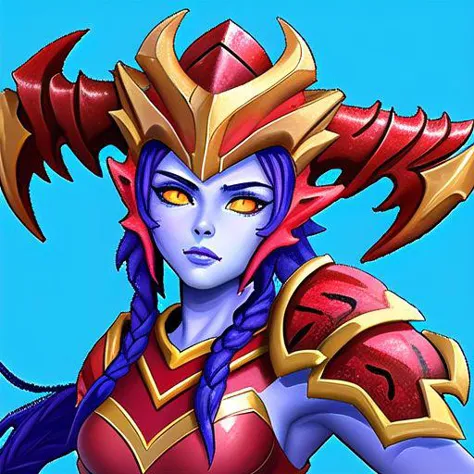 shyvana, a league of legends character wearing red and yellow armor , is posing for a photo against a solid blue background