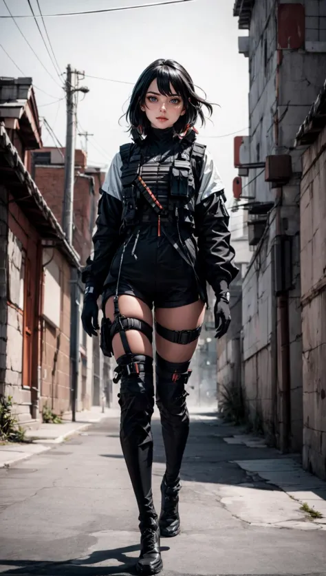 a woman in a black jacket and thigh high boots walking down a street