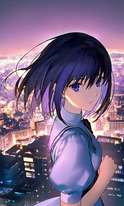 anime girl standing on a ledge overlooking a city at night