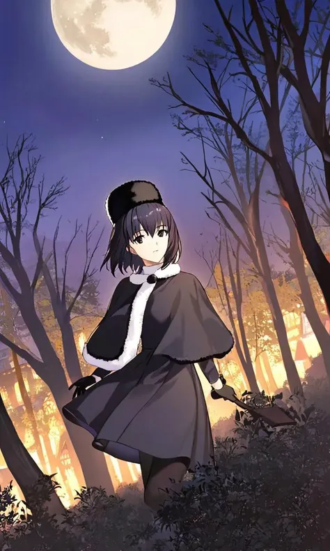 a girl in a black cloak standing in the woods with a full moon