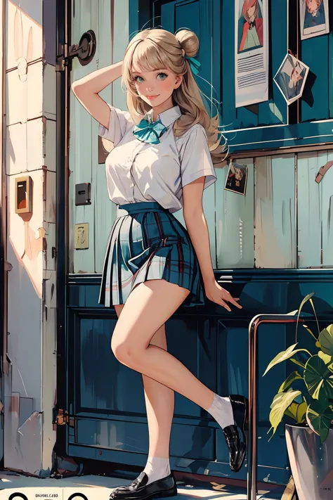 8k high quality detailed,highres,anime,comic,detailed image,
(an illustration of a teenage girl posing,(an illustration of girl,teenage girl)),(magazine_illustration),(, style of Gil Elvgren),
(, nonomi,1girl,long hair,blonde|gray hair,id card,single hair bun,large breasts),(Cheerful Smile),detailed_face,
((arms_up):0.8),
((, suwwer_schooluniform,bow, , white shirt, short sleeves, pleated skirt, collared shirt, black footwear, plaid, plaid skirt, white socks, loafers, shirt tucked in, green bowtie):0.85),(,realistic clothing texture,realistic_skin_texture),