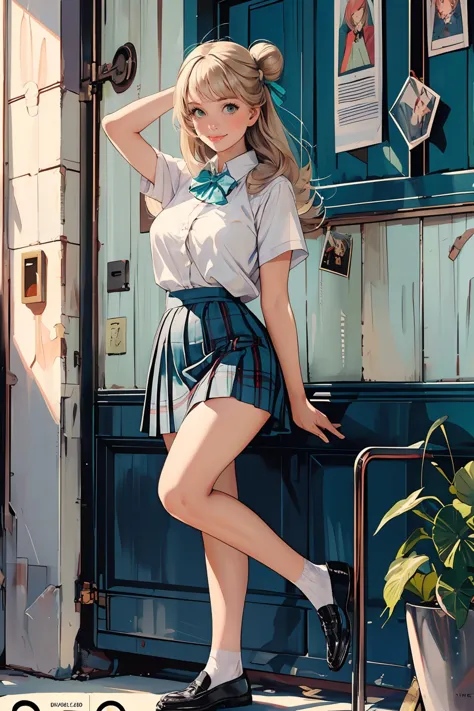 8k high quality detailed,highres,anime,comic,detailed image,
(an illustration of a teenage girl posing,(an illustration of girl,teenage girl)),(magazine_illustration),(, style of Gil Elvgren),
(, nonomi,1girl,long hair,blonde|gray hair,id card,single hair bun,large breasts),(Cheerful Smile),detailed_face,
((arms_up):0.8),
((, suwwer_schooluniform,bow, school uniform, white shirt, short sleeves, pleated skirt, collared shirt, black footwear, plaid, plaid skirt, white socks, loafers, shirt tucked in, green bowtie):0.85),(,realistic clothing texture,realistic_skin_texture),<lora:tbh149-:0.6>,<lora:izayoiNonomiV1:0.7>,<lora:summer_schooluniform:0.45>,<lora:more_details:0.2>