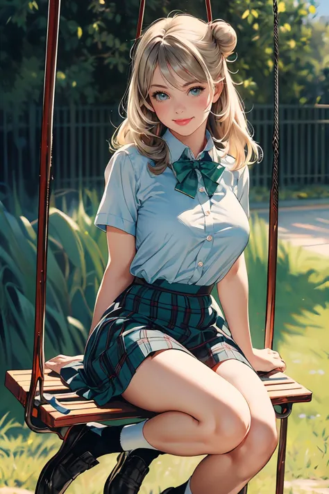 8k high quality ausführlich,highres,Anime-Serie,Comic,ausführlich image,
(an Illustration of a Teenager-Mädchen posing,(an Illustration of girl,Teenager-Mädchen)),(magazine_Illustration),(, Stil von Gil Elvgren),
(, Keine Namen,1 Mädchen,lange Haare,blonde|graue Haare,Ausweis,EINZELNER Haarknoten,große Brüste),(böses Lächeln),ausführlich_Gesicht,
((Auf einer Schaukel sitzend, verspielt aussehen,):0.8),
((, suwwer_schooluniform,Bogen, Schuluniform, weißes Hemd, kurze Ärmel, Faltenrock, Kragenhemd, schwarze Schuhe, Plaid, Plaid skirt, weiße Socken, Halbschuhe, Hemd eingesteckt, green Bogentie):0.85),(,realistisch clothing Textur,realistisch_Haut_Textur),