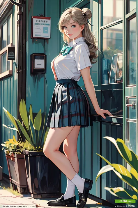 8k high quality detailed,highres,anime,comic,detailed image,
(an illustration of a teenage girl posing,(an illustration of girl,teenage girl)),(magazine_illustration),(, style of Gil Elvgren),
(, nonomi,1girl,long hair,blonde|gray hair,id card,single hair bun,large breasts),(Affectionate Smile),detailed_face,
((Looking over the shoulder, looking back,):0.8),
((, suwwer_schooluniform,bow, school uniform, white shirt, short sleeves, pleated skirt, collared shirt, black footwear, plaid, plaid skirt, white socks, loafers, shirt tucked in, green bowtie):0.85),(,realistic clothing texture,realistic_skin_texture),<lora:tbh149-:0.6>,<lora:izayoiNonomiV1:0.7>,<lora:summer_schooluniform:0.45>,<lora:more_details:0.2>