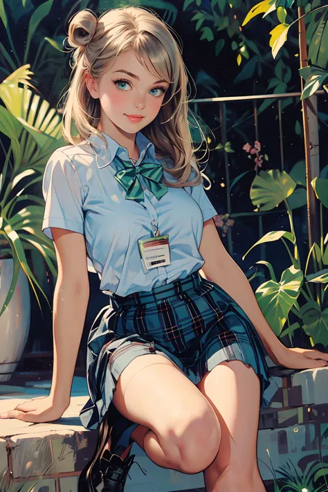 8k high quality detailed,highres,anime,comic,detailed image,
(an illustration of a teenage girl posing,(an illustration of girl,teenage girl)),(magazine_illustration),(, style of Gil Elvgren),
(, nonomi,1girl,long hair,blonde|gray hair,id card,single hair bun,large breasts),(Polite Smile),detailed_face,
((jumping):0.8),
((, suwwer_schooluniform,bow, , white shirt, short sleeves, pleated skirt, collared shirt, black footwear, plaid, plaid skirt, white socks, loafers, shirt tucked in, green bowtie):0.85),(,realistic clothing texture,realistic_skin_texture),