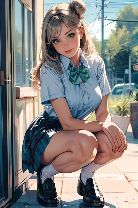 8k high quality ausführlich,highres,Anime-Serie,Comic,ausführlich image,
(an Illustration of a Teenager-Mädchen posing,(an Illustration of girl,Teenager-Mädchen)),(magazine_Illustration),(, Stil von Gil Elvgren),
(, Keine Namen,1 Mädchen,lange Haare,blonde|graue Haare,Ausweis,EINZELNER Haarknoten,große Brüste),(rätselhaftes Lächeln),ausführlich_Gesicht,
((geballte Hände):0.8),
((, suwwer_schooluniform,Bogen, , weißes Hemd, kurze Ärmel, Faltenrock, Kragenhemd, schwarze Schuhe, Plaid, Plaid skirt, weiße Socken, Halbschuhe, Hemd eingesteckt, green Bogentie):0.85),(,realistisch clothing Textur,realistisch_Haut_Textur),