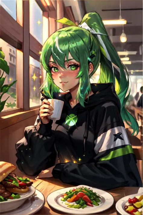 Highly detailed, High Quality, Masterpiece, beautiful,  <lora:FallenMJStyle:1>, xbox-chan, ponytail, green hair ribbon, <lora:Char_Meme_Xboxchan:0.9>, food, simple background, elbows on table, cup, blurry background, indoors, upper body, <lora:Pos_AcrossTable:1>, light smile, blush, sparkle, edgNoire, hoodie,  ([black dress, short skirt|hoodie]::0.5), <lora:Outfit_NoireHoodies:0.8>