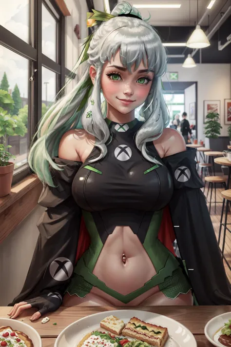 anime girl with long hair and green eyes sitting at a table with pizza